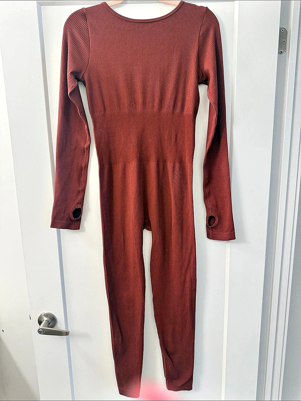 MOTF Ribbed Long Sleeve Jumpsuit in Brown Size Medium Like New